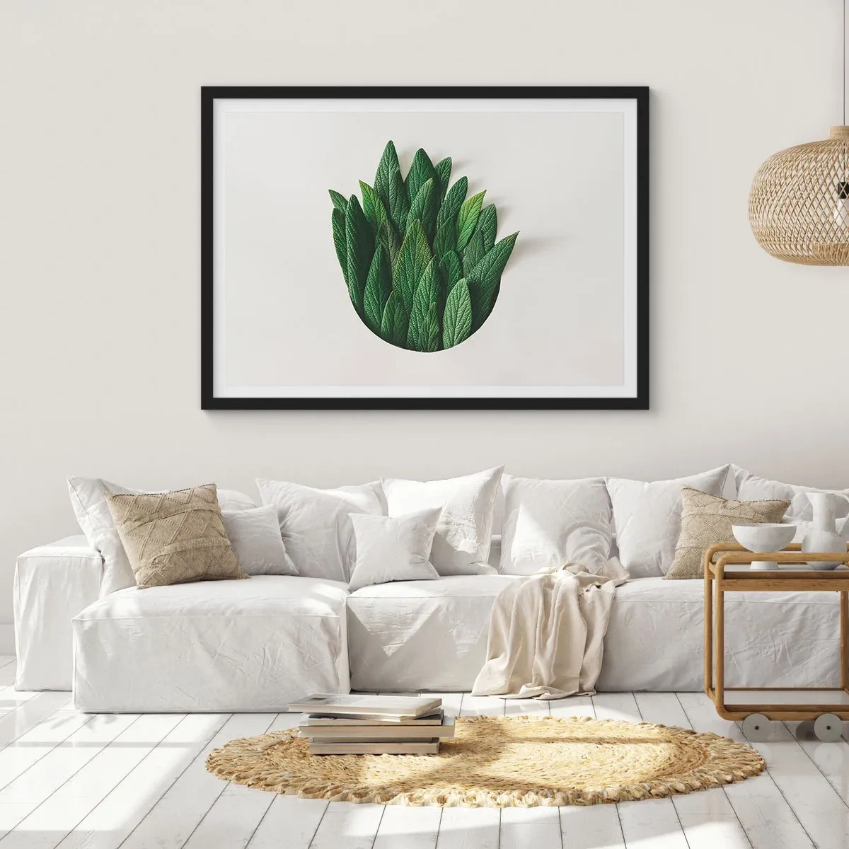 Póster en marco negro - Una composición de hojas verdes sobre un fondo claro. - 70x50cm - Curiosidad desenfrenada - Decoración de pared moderna para salón y dormitorio ARTTOR