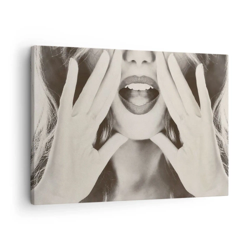 Cuadro sobre lienzo - Impresión de Imagen - Retrato en blanco y negro de una mujer con labios y manos expresivos. - 70x50cm - ¡Ya estoy en camino! - Decoración de pared moderna para salón y dormitorio ARTTOR