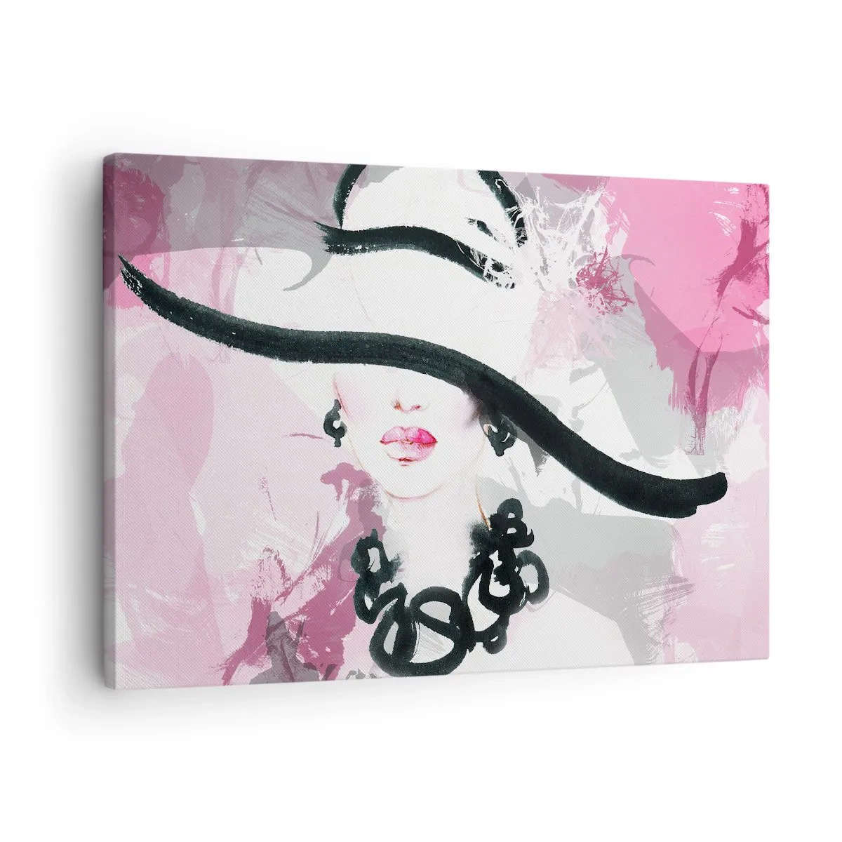 Cuadro sobre lienzo - Impresión de Imagen - Una mujer elegante con sombrero sobre un fondo de abstracciones rosas. - 70x50cm - Retrato de una dama en negro y rosa - Decoración de pared moderna para salón y dormitorio ARTTOR