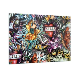 Cuadro sobre vidrio - Impresiones sobre Vidrio - Una colorida composición de patrones inspirados en el arte del tatuaje. - 100x70cm - El sueño de un tatuador - Decoración de pared moderna para salón y dormitorio ARTTOR