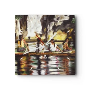 Reloj de pared - Reloj de vidrio - Mujeres en un bote en un río tranquilo con un fondo pintoresco - 30x30cm - En un paraíso polinesio - Decoración de pared moderna para salón y dormitorio ARTTOR