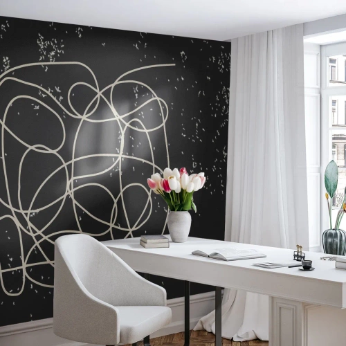 Fotomural Premium Sand - Líneas blancas abstractas sobre un fondo negro texturizado - 100x70cm - Pensamientos errantes - Decoración de pared moderna para salón y dormitorio ARTTOR