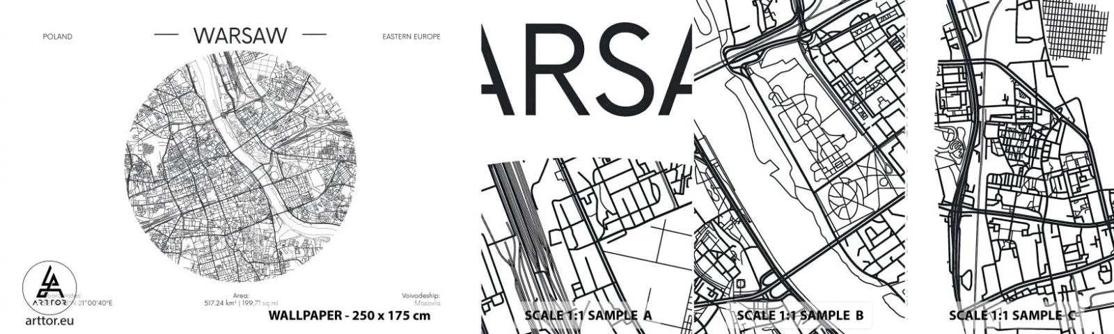 Muestra De Fotomural Standard Eco - Anatomía de Varsovia - Mapa, Varsovia, Polonia - 100x30 cm