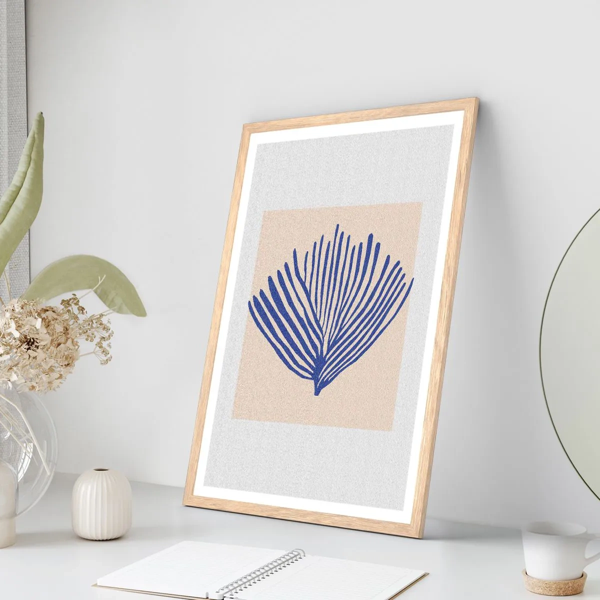 Póster en marco roble claro - Abanico azul - 30x40 cm