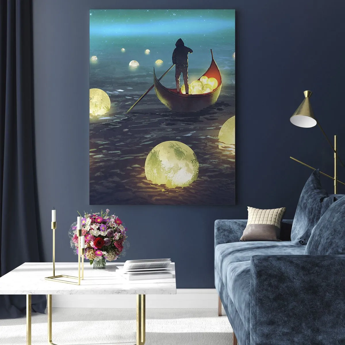 Cuadro sobre vidrio - Impresiones sobre Vidrio - Una figura en un barco rodeada de bolas luminosas en el agua. - 80x120cm - Cosas que los filósofos nunca soñaron - Decoración de pared moderna para salón y dormitorio ARTTOR