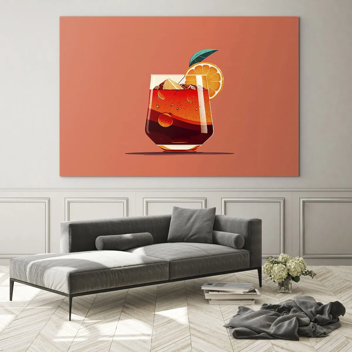 Cuadro sobre vidrio - Impresiones sobre Vidrio - Una bebida colorida con naranja sobre un cálido fondo de melocotón. - 120x80cm - Refresco de verano - Decoración de pared moderna para salón y dormitorio ARTTOR