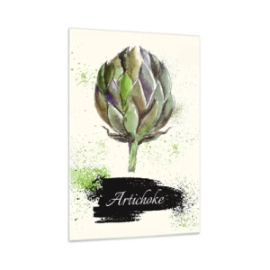 Cuadro sobre vidrio - Impresiones sobre Vidrio - Alcachofa de acuarela con texto sobre un fondo claro con acentos verdes. - 70x100cm - El sabor del otoño - Decoración de pared moderna para salón y dormitorio ARTTOR