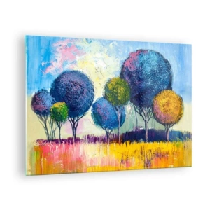 Cuadro sobre vidrio - Impresiones sobre Vidrio - Árboles coloridos contra un fondo de paisaje abstracto - 70x50cm - Una esfera: la forma de un ideal - Decoración de pared moderna para salón y dormitorio ARTTOR