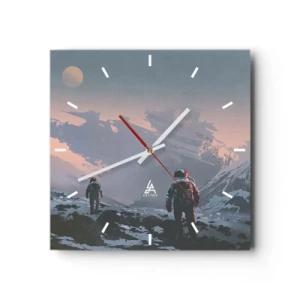 Reloj de pared - Reloj de vidrio - Astronautas en un planeta alienígena con una nave espacial destrozada - 30x30cm - Bajo una estrella desconocida - Decoración de pared moderna para salón y dormitorio ARTTOR