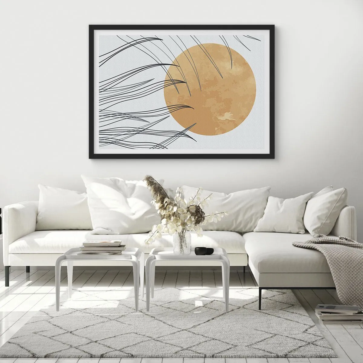 Póster en marco negro - Hojas de hierba abstractas contra el fondo de un gran sol naranja - 100x70cm - Siempre hacia el sol - Decoración de pared moderna para salón y dormitorio ARTTOR