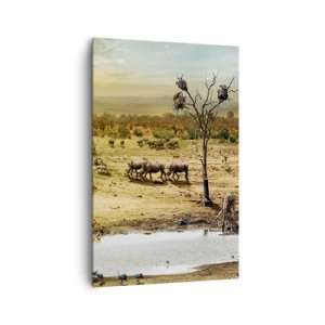 Cuadro sobre lienzo - Impresión de Imagen - Elefantes y animales salvajes en un abrevadero al atardecer - 80x120cm - Y del Edén fluyó un río... - Decoración de pared moderna para salón y dormitorio ARTTOR