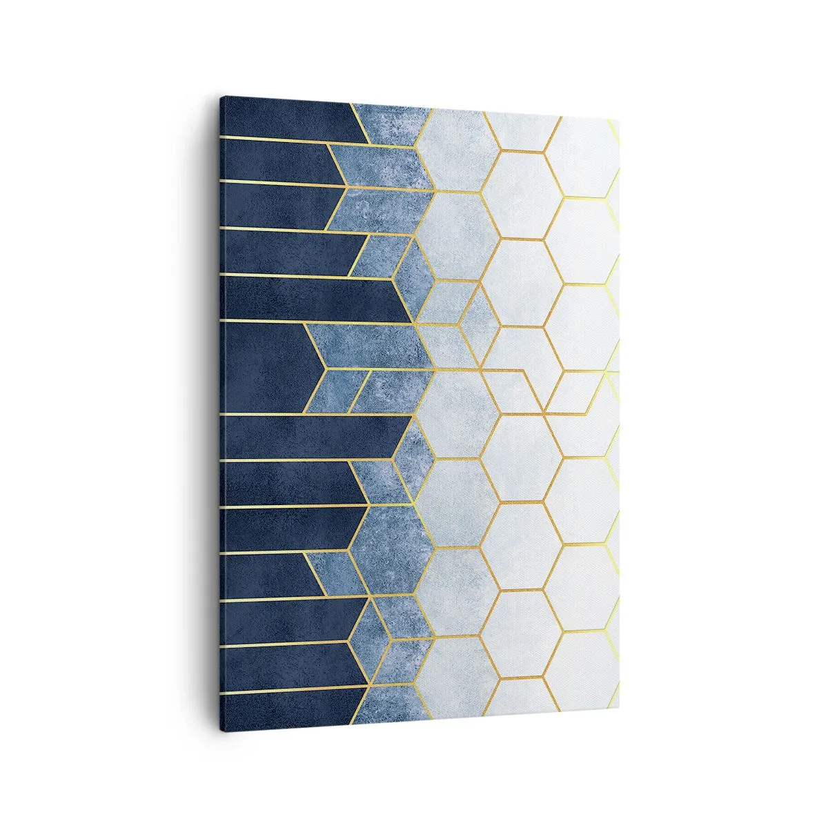 Cuadro sobre lienzo - Impresión de Imagen - Patrón geométrico en tonos dorados y azul marino. - 50x70cm - Composición rítmica visual - Decoración de pared moderna para salón y dormitorio ARTTOR