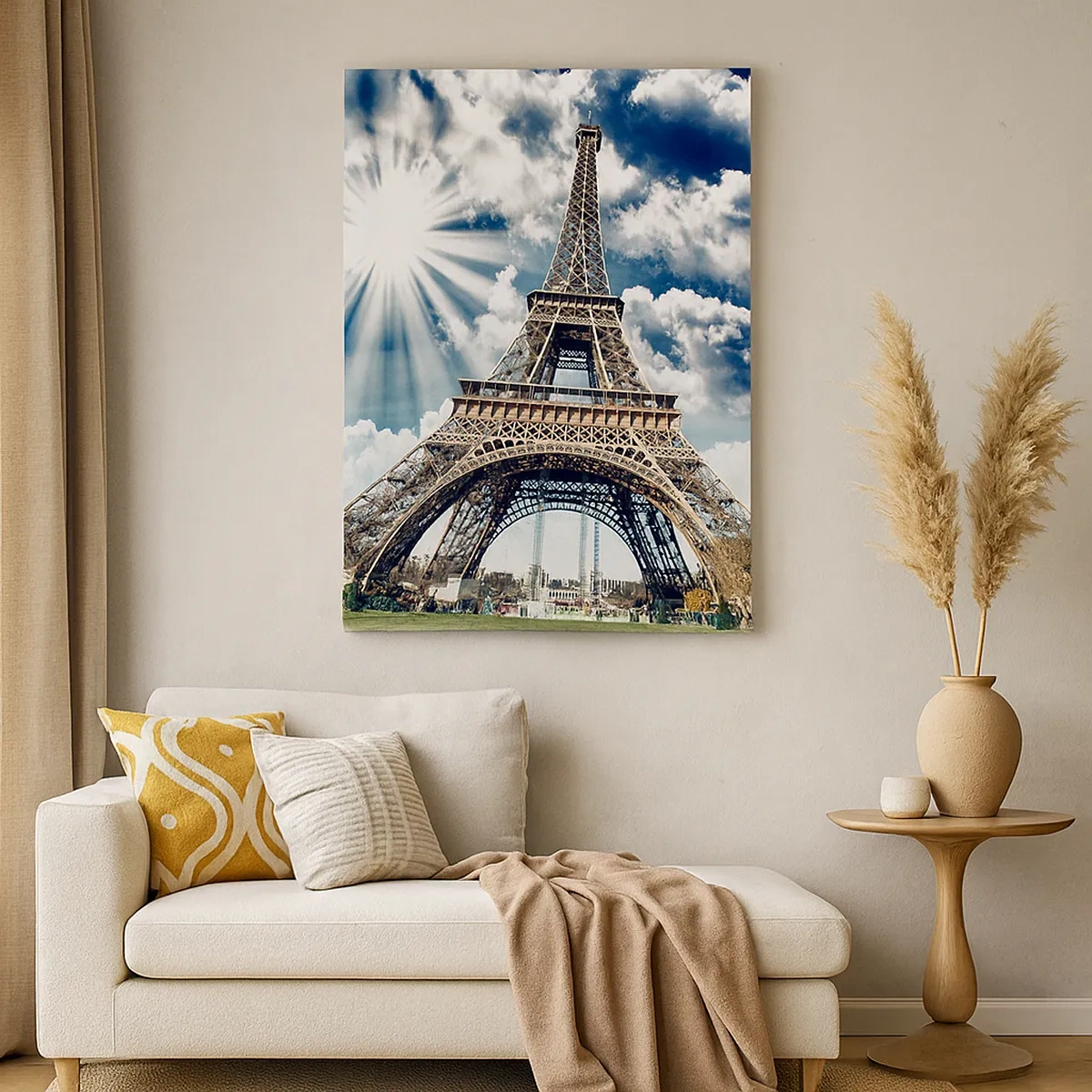 Cuadro sobre lienzo - Impresión de Imagen - La Torre Eiffel contra un cielo soleado con nubes. - 50x70cm - Única bajo el sol - Decoración de pared moderna para salón y dormitorio ARTTOR