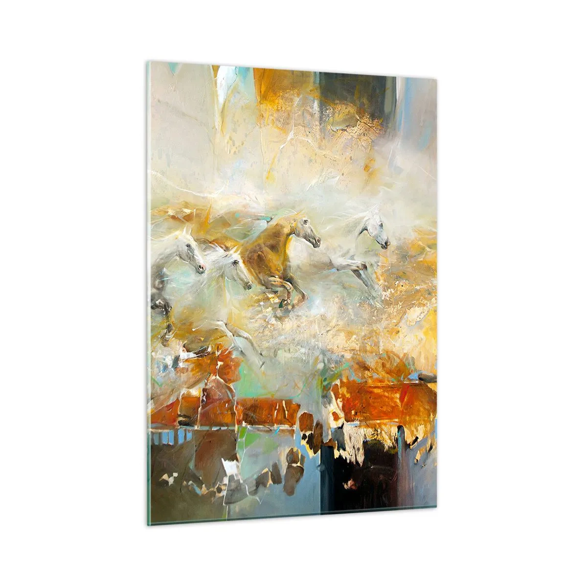 Cuadro sobre vidrio - Impresiones sobre Vidrio - Caballos abstractos en movimiento dinámico - 50x70cm - Galopando a través de la luz - Decoración de pared moderna para salón y dormitorio ARTTOR