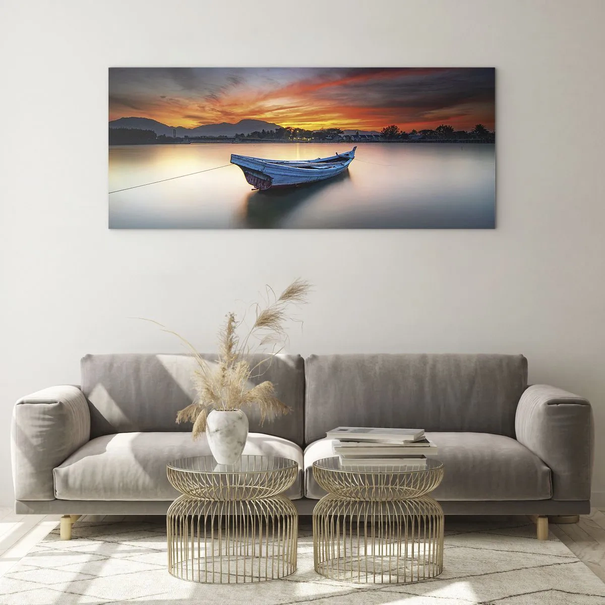 Cuadro sobre vidrio - Impresiones sobre Vidrio - Un barco en el agua durante una pintoresca puesta de sol. - 120x50cm - Se avecina una buena noche - Decoración de pared moderna para salón y dormitorio ARTTOR