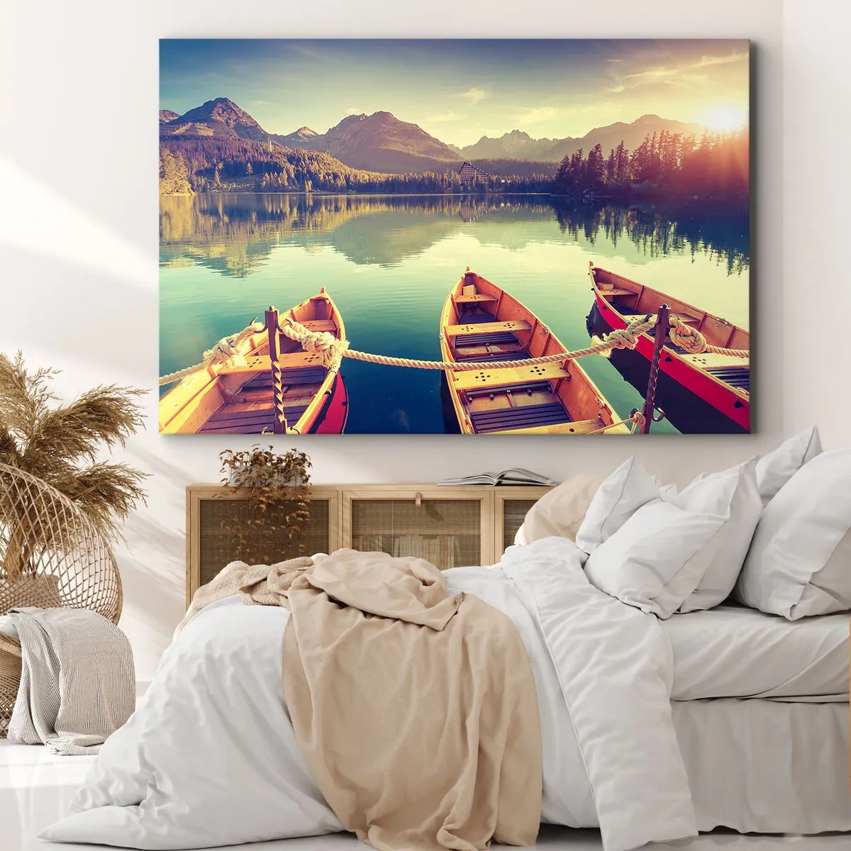 Cuadro sobre lienzo - Impresión de Imagen - Barcos en un lago tranquilo rodeado de montañas al atardecer - 70x50cm - Para vivir según sus leyes - Decoración de pared moderna para salón y dormitorio ARTTOR