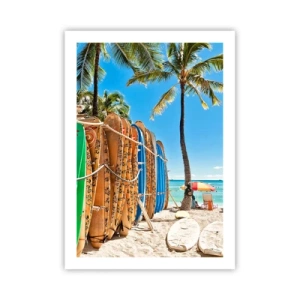 Póster - Tablas de surf en una playa con palmeras y un cielo azul. - 50x70cm - Diversión soleada - Decoración de pared moderna para salón y dormitorio ARTTOR