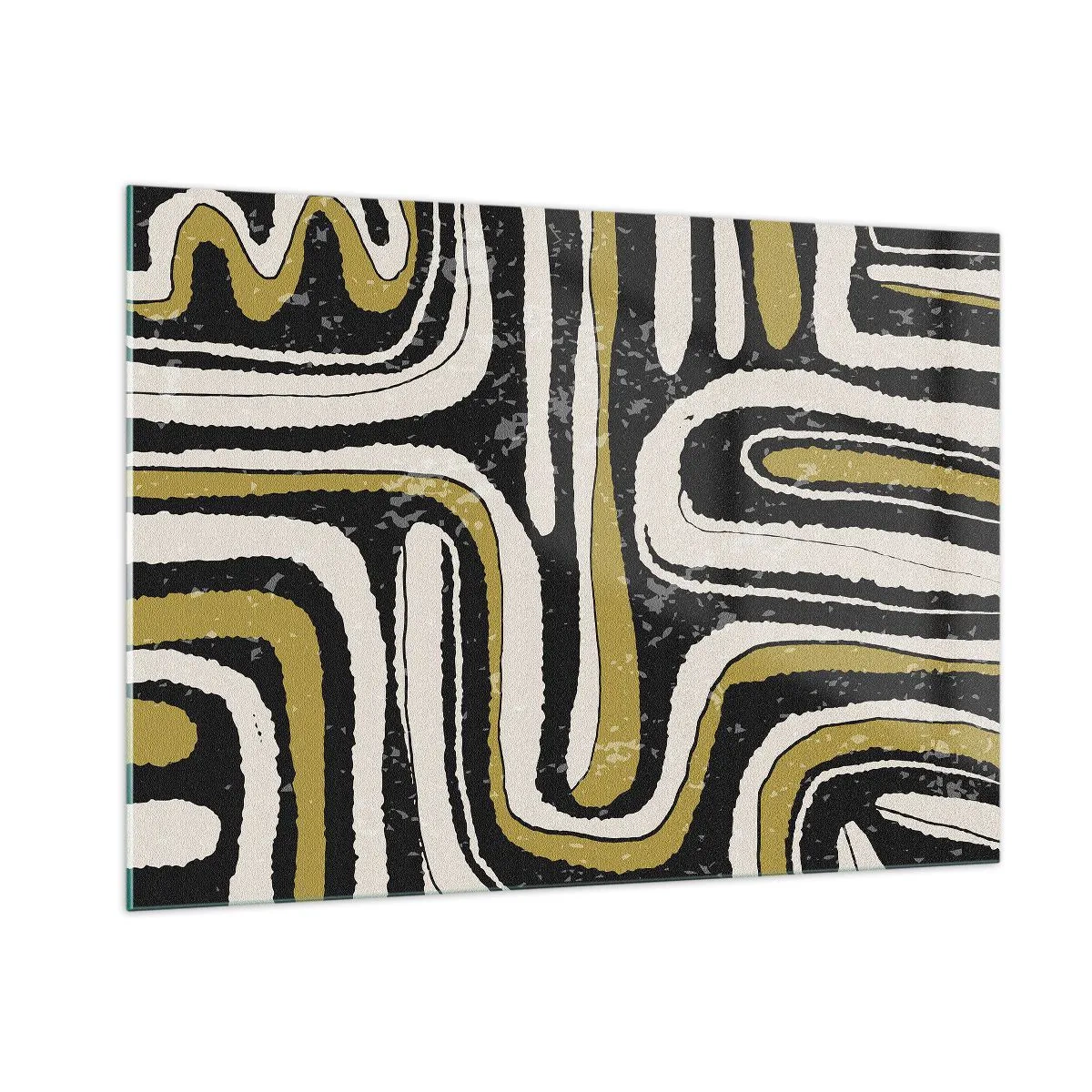 Cuadro sobre vidrio - Impresiones sobre Vidrio - Patrones abstractos en negro, blanco y dorado. - 100x70cm - Composición: tramos y callejones - Decoración de pared moderna para salón y dormitorio ARTTOR