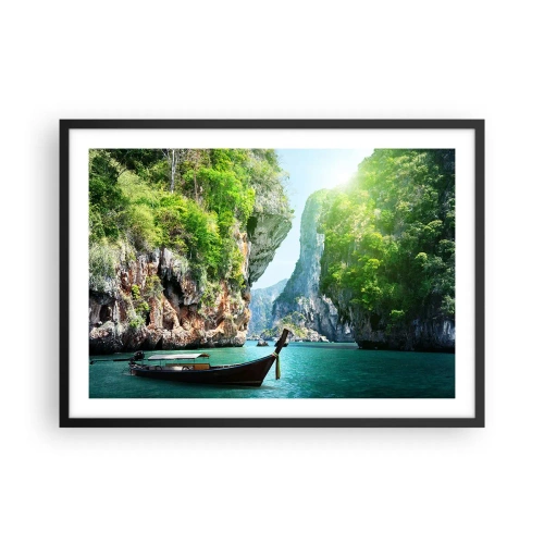 Póster en marco negro - Un barco tradicional con un telón de fondo de acantilados tropicales y aguas turquesas. - 70x50cm - Una invitación a un viaje exótico - Decoración de pared moderna para salón y dormitorio ARTTOR