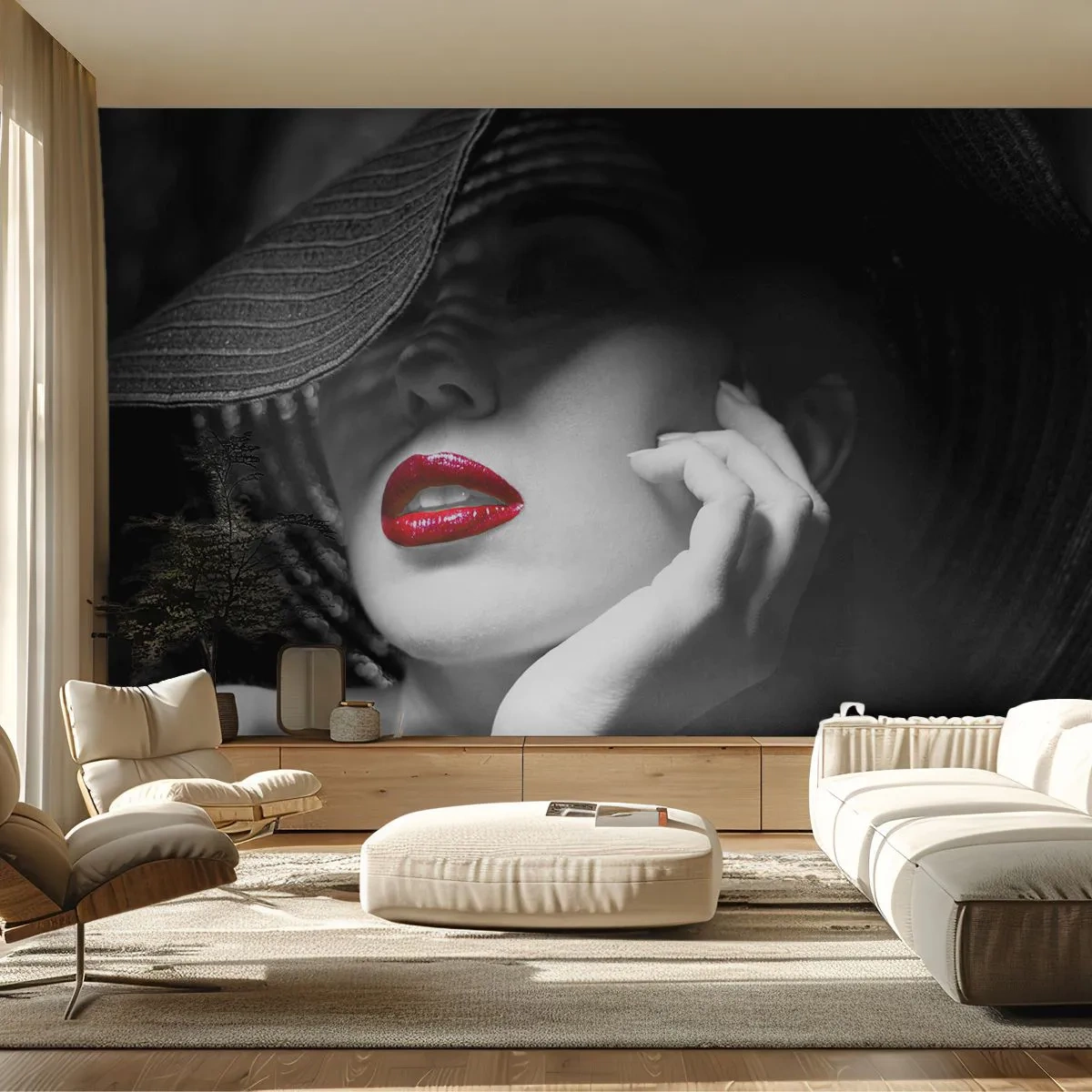 Fotomural Premium Sand - Mujer con sombrero negro y labios rojos - 100x70cm - Estudio en escarlata - Decoración de pared moderna para salón y dormitorio ARTTOR