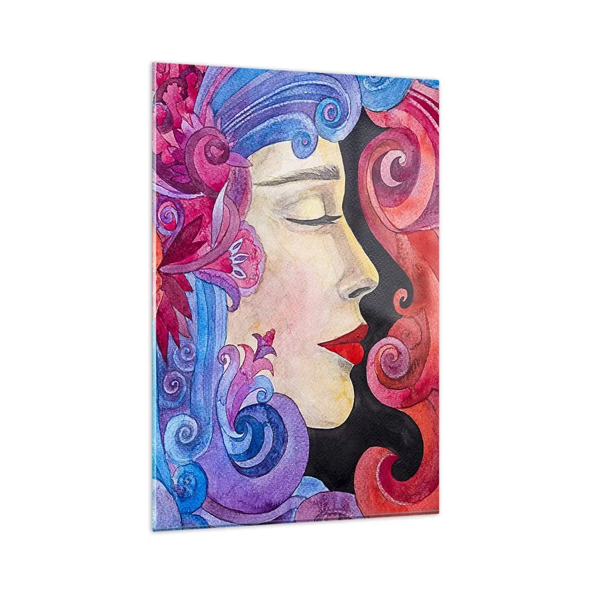 Cuadro sobre vidrio - Impresiones sobre Vidrio - Perfil colorido de una mujer en estilo artístico. - 80x120cm - Inspiración en rojo y violeta - Decoración de pared moderna para salón y dormitorio ARTTOR