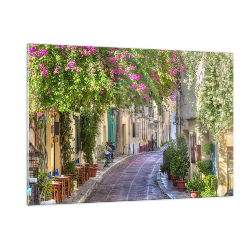 Cuadro sobre vidrio - Impresiones sobre Vidrio - Una calle encantadora con árboles en flor. - 120x80cm - Un callejón floreciente - Decoración de pared moderna para salón y dormitorio ARTTOR