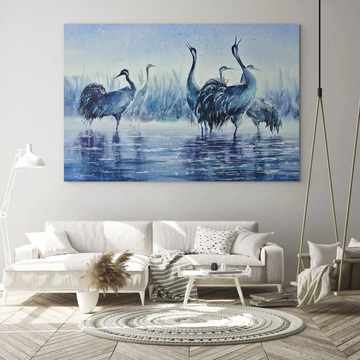 Cuadro sobre vidrio - Impresiones sobre Vidrio - Pájaros vadeando en agua azul - 70x50cm - Reunión matinal - Decoración de pared moderna para salón y dormitorio ARTTOR