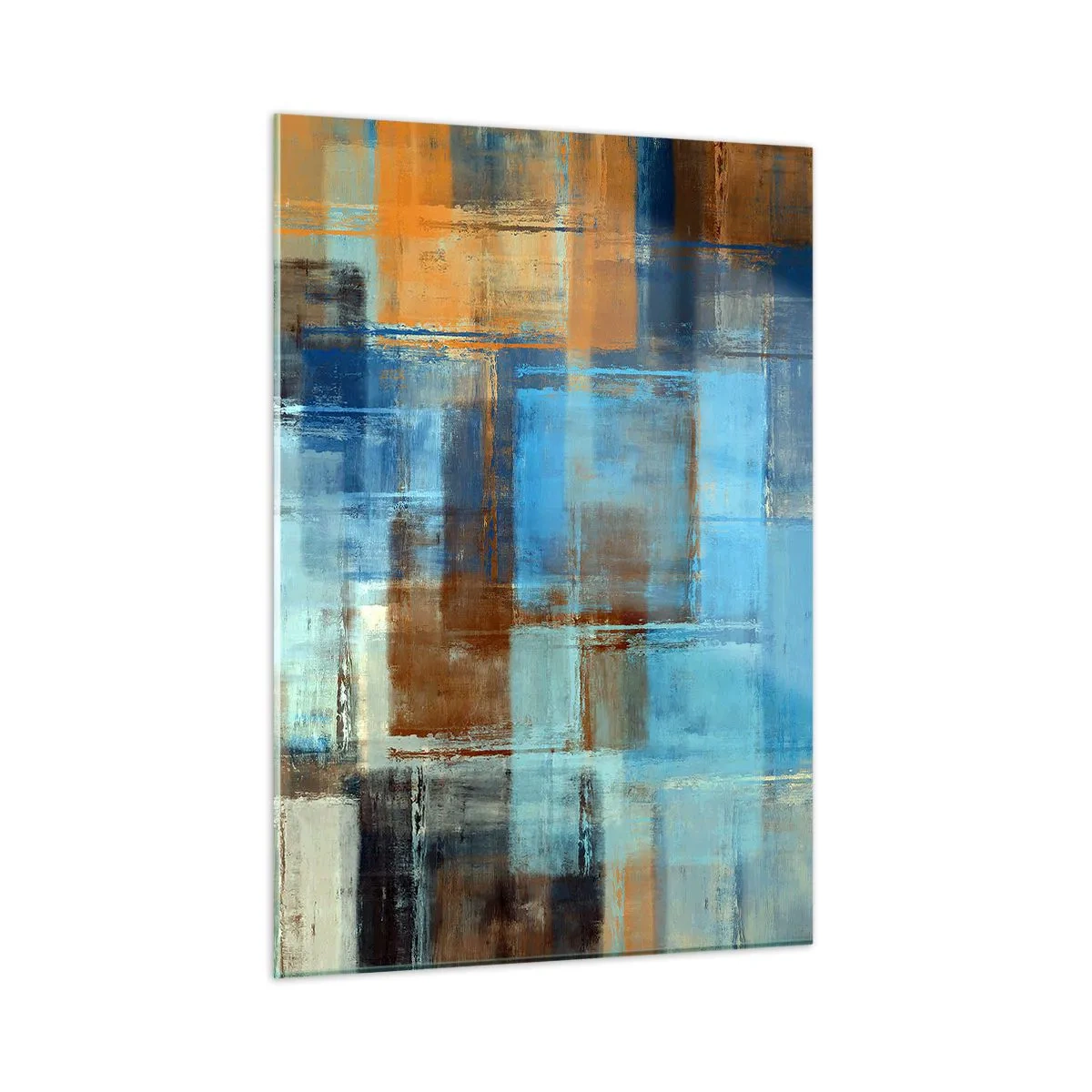 Cuadro sobre vidrio - Impresiones sobre Vidrio - Composición geométrica abstracta en tonos azules y marrones. - 50x70cm - A través del velo azul - Decoración de pared moderna para salón y dormitorio ARTTOR