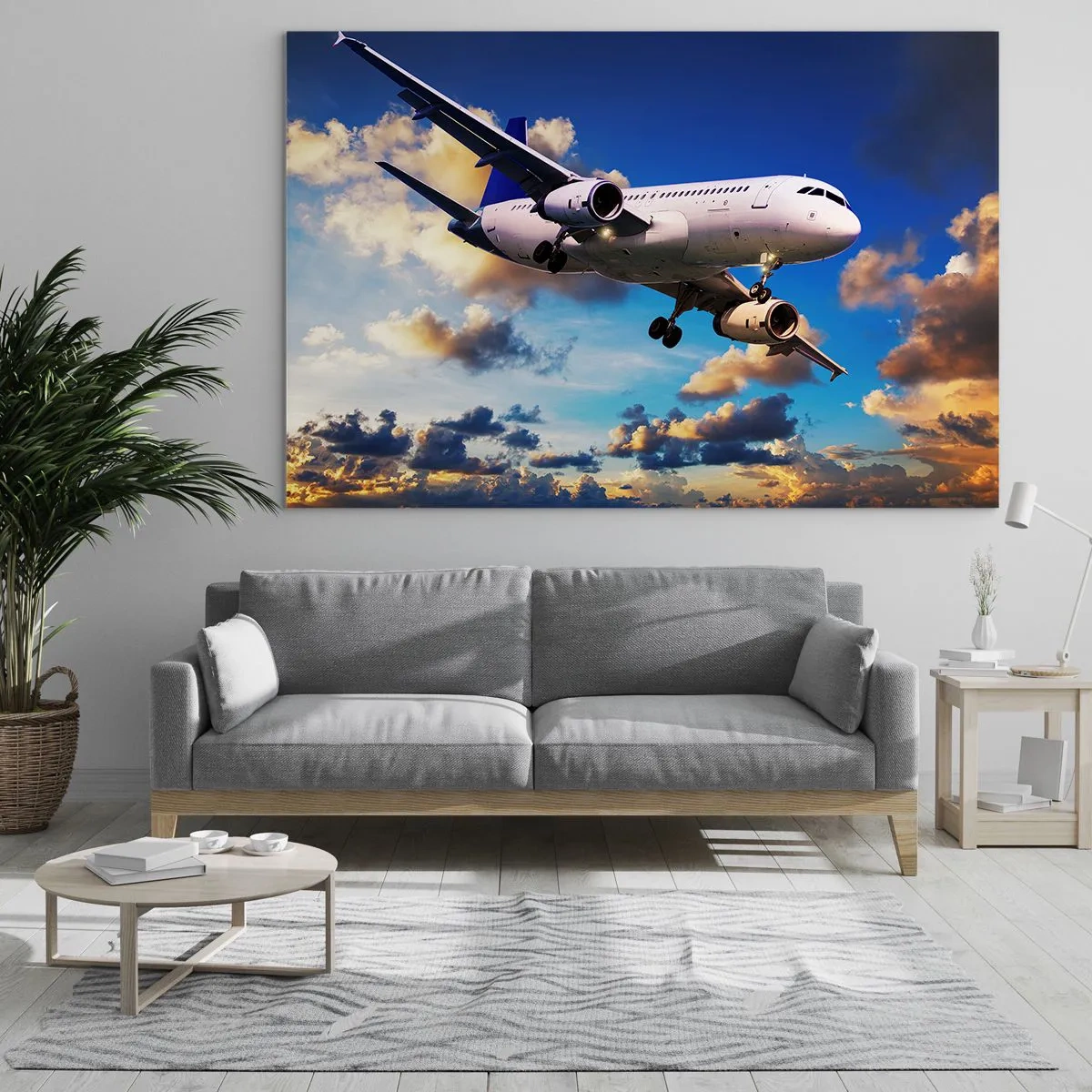 Cuadro sobre vidrio - Impresiones sobre Vidrio - Un avión en vuelo contra un cielo pintoresco. - 70x50cm - Un viaje en blanco y azul - Decoración de pared moderna para salón y dormitorio ARTTOR