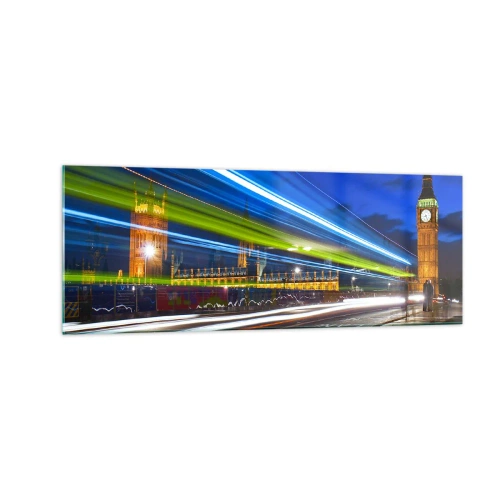 Cuadro sobre vidrio - Impresiones sobre Vidrio - El Big Ben de noche con el efecto de las luces en el tráfico de la calle. - 140x50cm - Bajo la mirada del Big Ben - Decoración de pared moderna para salón y dormitorio ARTTOR