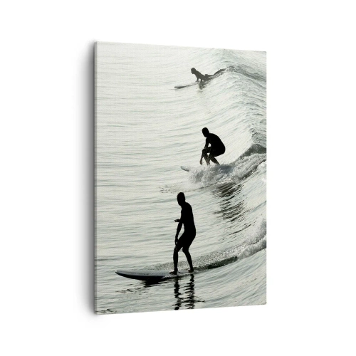 Cuadro sobre lienzo - Impresión de Imagen - Surfistas en las olas en una toma monocromática - 50x70cm - Al encuentro de la ola - Decoración de pared moderna para salón y dormitorio ARTTOR