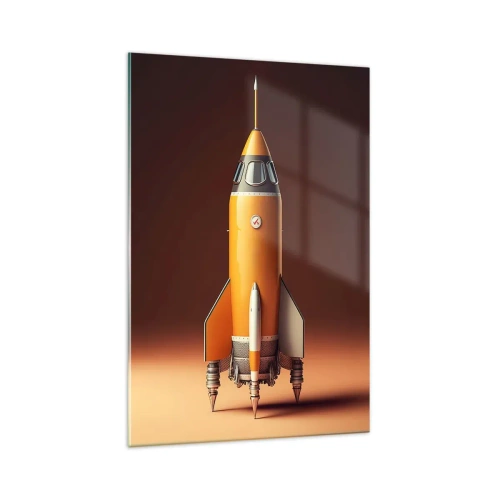 Cuadro sobre vidrio - Impresiones sobre Vidrio - Un cohete de estilo retro sobre un fondo de tonos marrones. - 70x100cm - Comienza con un sueño - Decoración de pared moderna para salón y dormitorio ARTTOR