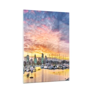 Cuadro sobre vidrio - Impresiones sobre Vidrio - Puesta de sol sobre el puerto deportivo con barcos y rascacielos - 50x70cm - Una ciudad de mil marineros - Decoración de pared moderna para salón y dormitorio ARTTOR