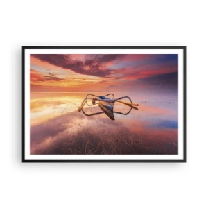 Póster en marco negro - Un barco en aguas tranquilas al atardecer. - 100x70cm - Calma de una tarde tropical - Decoración de pared moderna para salón y dormitorio ARTTOR