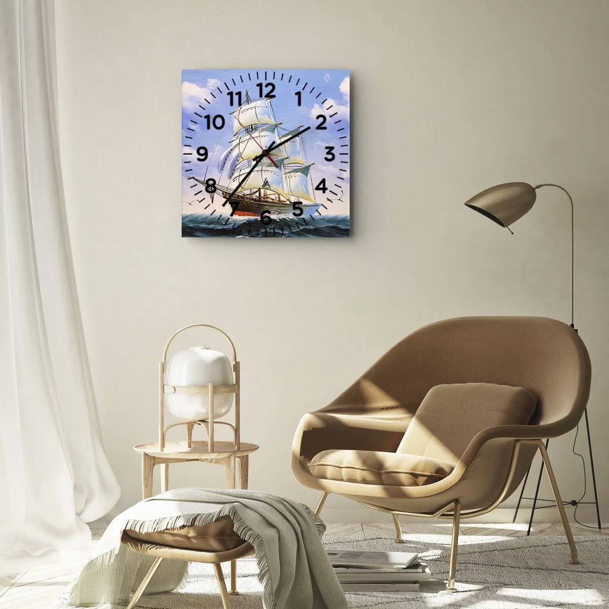 Reloj de pared - Reloj de vidrio - Un velero en mar abierto bajo un cielo azul. - 30x30cm - Orgulloso con el viento - Decoración de pared moderna para salón y dormitorio ARTTOR