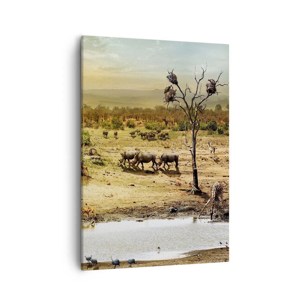 Cuadro sobre lienzo - Impresión de Imagen - Elefantes y animales salvajes en un abrevadero al atardecer - 50x70cm - Y del Edén fluyó un río... - Decoración de pared moderna para salón y dormitorio ARTTOR