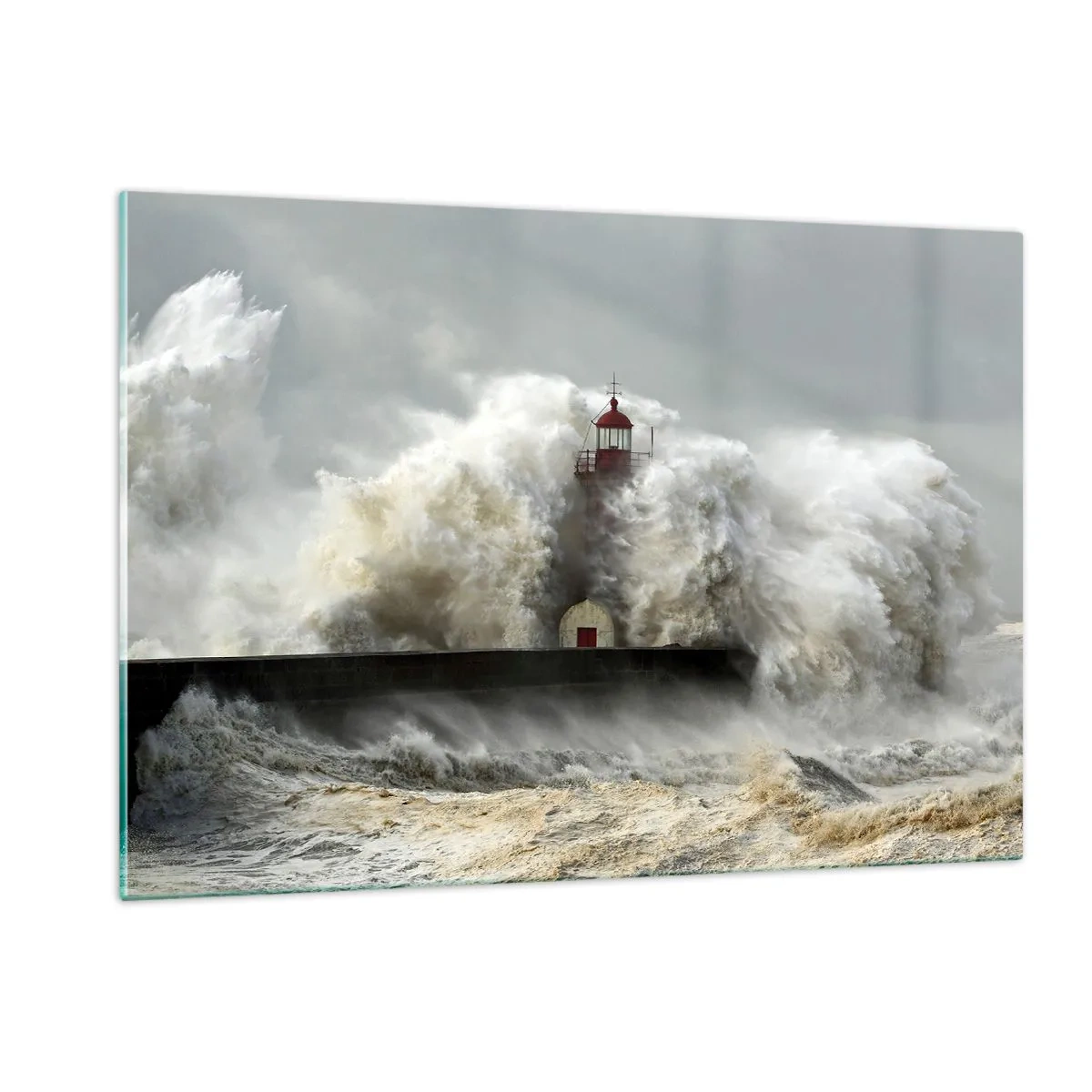 Cuadro sobre vidrio - Impresiones sobre Vidrio - Un faro rodeado de poderosas olas - 120x80cm - La furia del océano - Decoración de pared moderna para salón y dormitorio ARTTOR