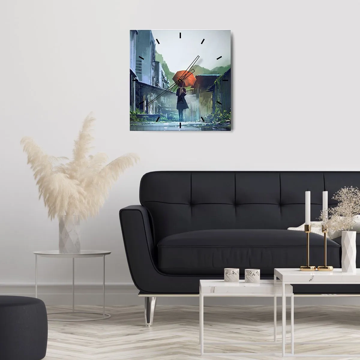 Reloj de pared - Reloj de vidrio - Una figura con un paraguas en una ciudad lluviosa. - 30x30cm - Una lluvia revitalizante - Decoración de pared moderna para salón y dormitorio ARTTOR