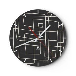 Reloj de pared - Reloj de vidrio - Líneas geométricas blancas que forman una intrincada cuadrícula sobre un fondo negro. - 30x30cm - No es tan sencillo - Decoración de pared moderna para salón, cocina y dormitorio ARTTOR