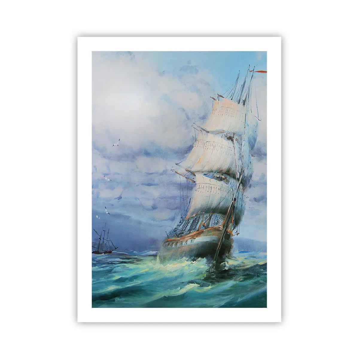 Póster - Un velero en un mar tempestuoso en acuarela. - 50x70cm - Viento en popa - Decoración de pared moderna para salón y dormitorio ARTTOR