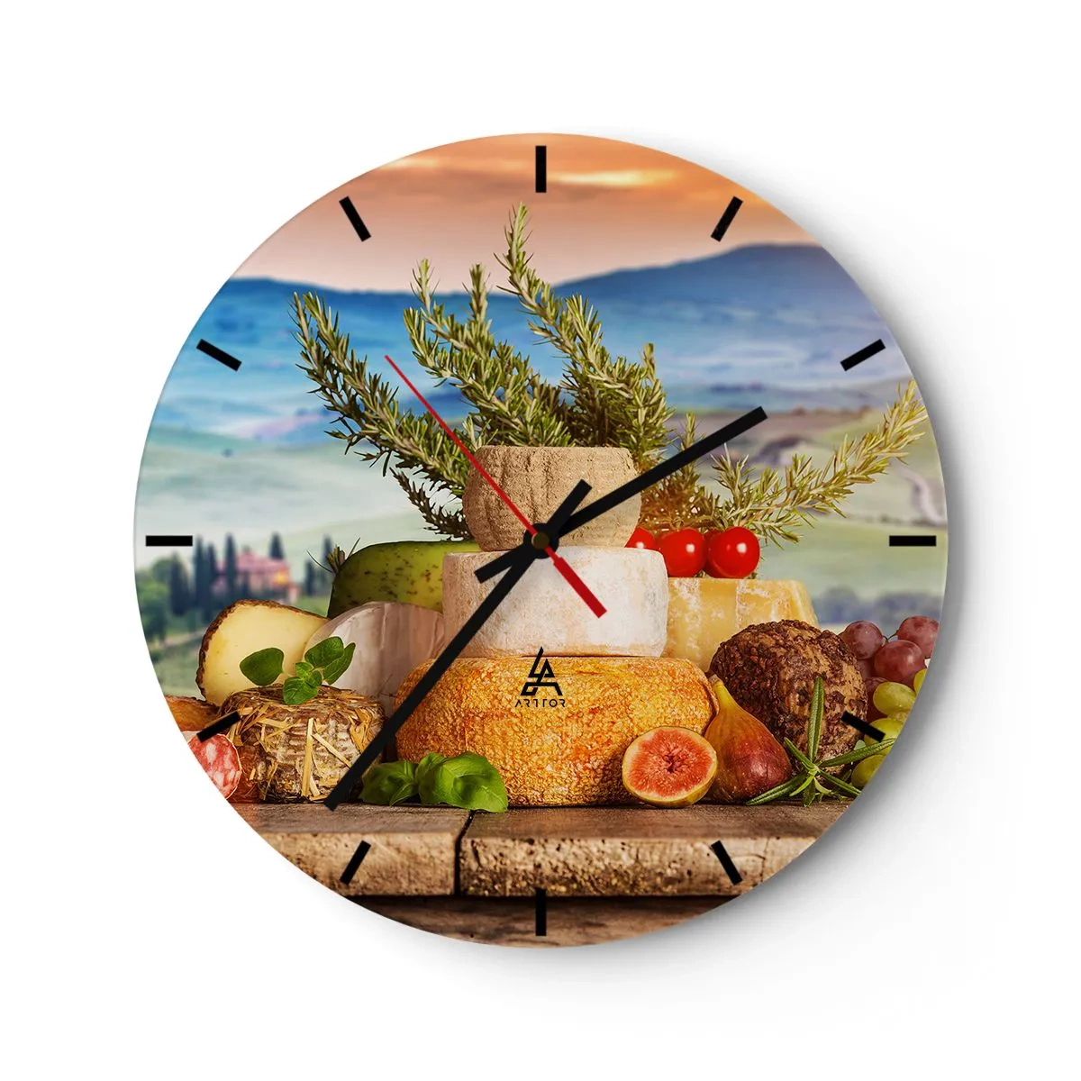 Reloj de pared - Reloj de vidrio - Tabla de quesos con acompañamientos sobre un fondo de paisaje. - 30x30cm - La alegría de vivir italiana - Decoración de pared moderna para salón, cocina y dormitorio ARTTOR