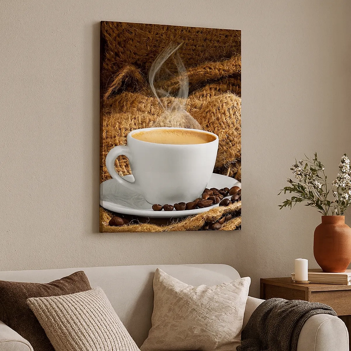 Cuadro sobre lienzo - Impresión de Imagen - Una taza de café rodeada de una bolsa de granos de café. - 50x70cm - Olor a moca y densidad del líquido meloso - Decoración de pared moderna para salón y dormitorio ARTTOR