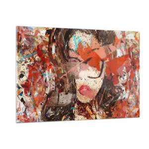 Cuadro sobre vidrio - Impresiones sobre Vidrio - Retrato abstracto de una mujer en tonos rojos y beige. - 120x80cm - Nadie sabe cómo eres realmente - Decoración de pared moderna para salón y dormitorio ARTTOR