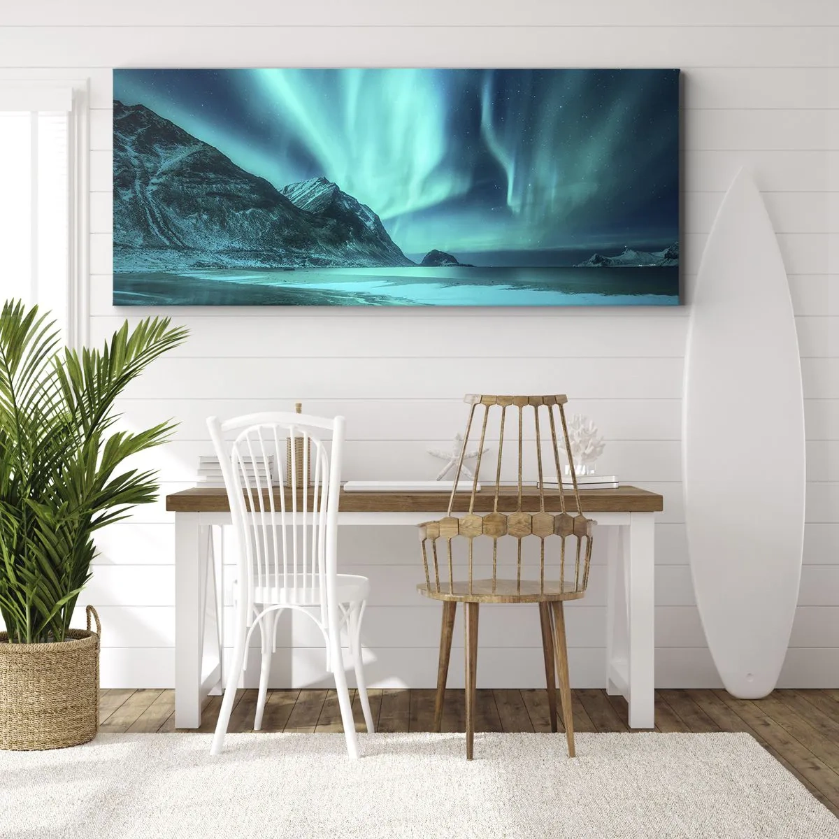 Cuadro sobre lienzo - Impresión de Imagen - Aurora boreal sobre un paisaje invernal montañoso - 140x50cm - Maravillas del norte - Decoración de pared moderna para salón y dormitorio ARTTOR