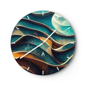 Reloj de pared - Reloj de vidrio - Ondas abstractas de color azul y marrón con efecto 3D - 30x30cm - Meandros de azul - Decoración de pared moderna para salón, cocina y dormitorio ARTTOR