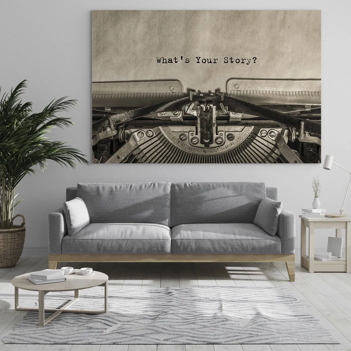 Cuadro sobre vidrio - Impresiones sobre Vidrio - Primer plano de una máquina de escribir con el texto "¿Cuál es tu historia?" - 70x50cm - Solo espero una respuesta - Decoración de pared moderna para salón y dormitorio ARTTOR