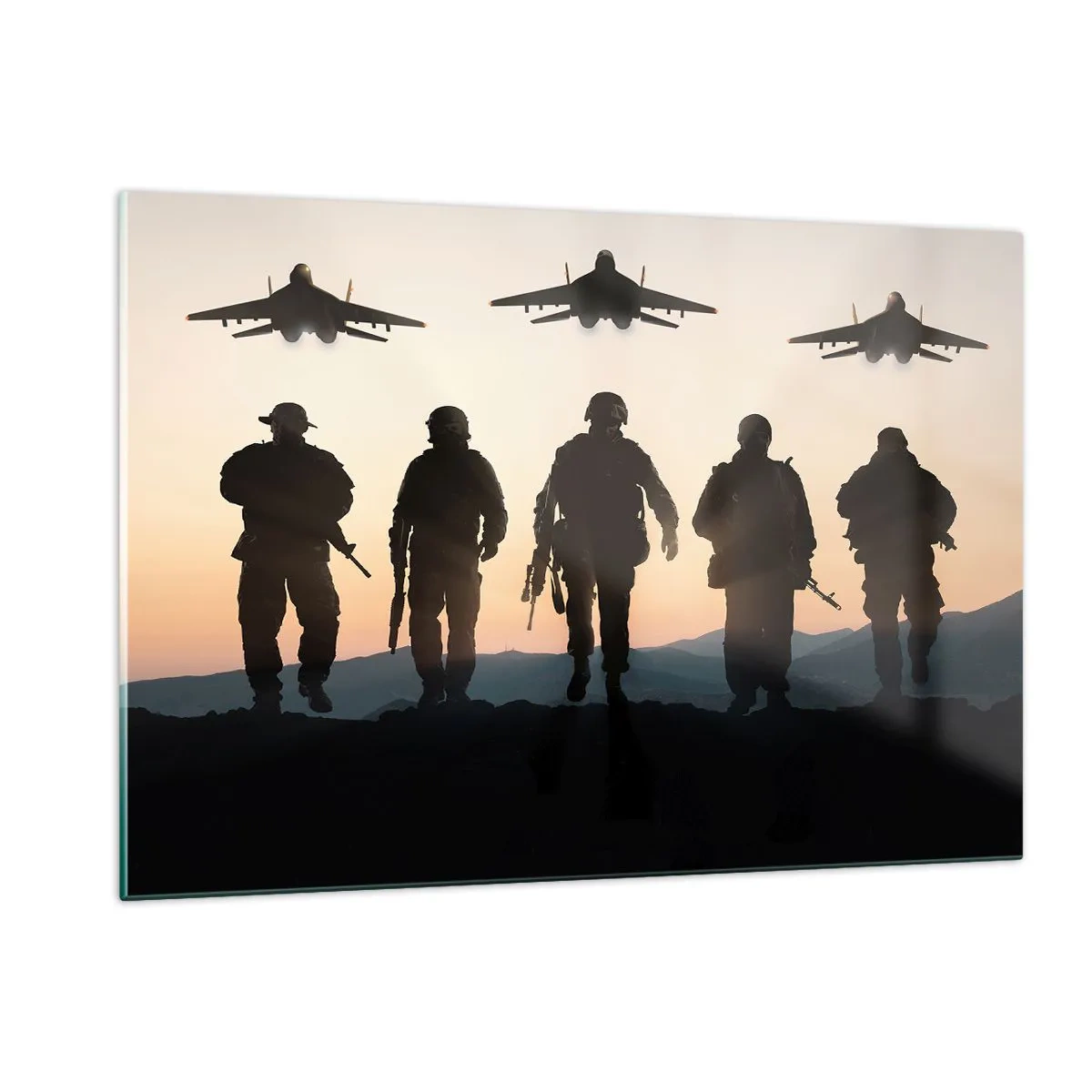 Cuadro sobre vidrio - Impresiones sobre Vidrio - Soldados con el sol poniente y los aviones como telón de fondo - 120x80cm - Bienvenido a nuestro mundo - Decoración de pared moderna para salón y dormitorio ARTTOR
