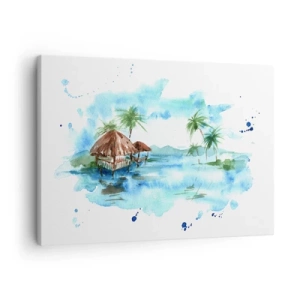 Cuadro sobre lienzo - Impresión de Imagen - Pintura de acuarela de un paisaje tropical con casas y palmeras. - 70x50cm - En algún lugar del Pacífico - Decoración de pared moderna para salón y dormitorio ARTTOR