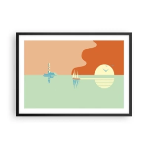 Póster en marco negro - Un paisaje marino minimalista con un velero y una puesta de sol. - 70x50cm - Un paisaje marino perfecto - Decoración de pared moderna para salón y dormitorio ARTTOR