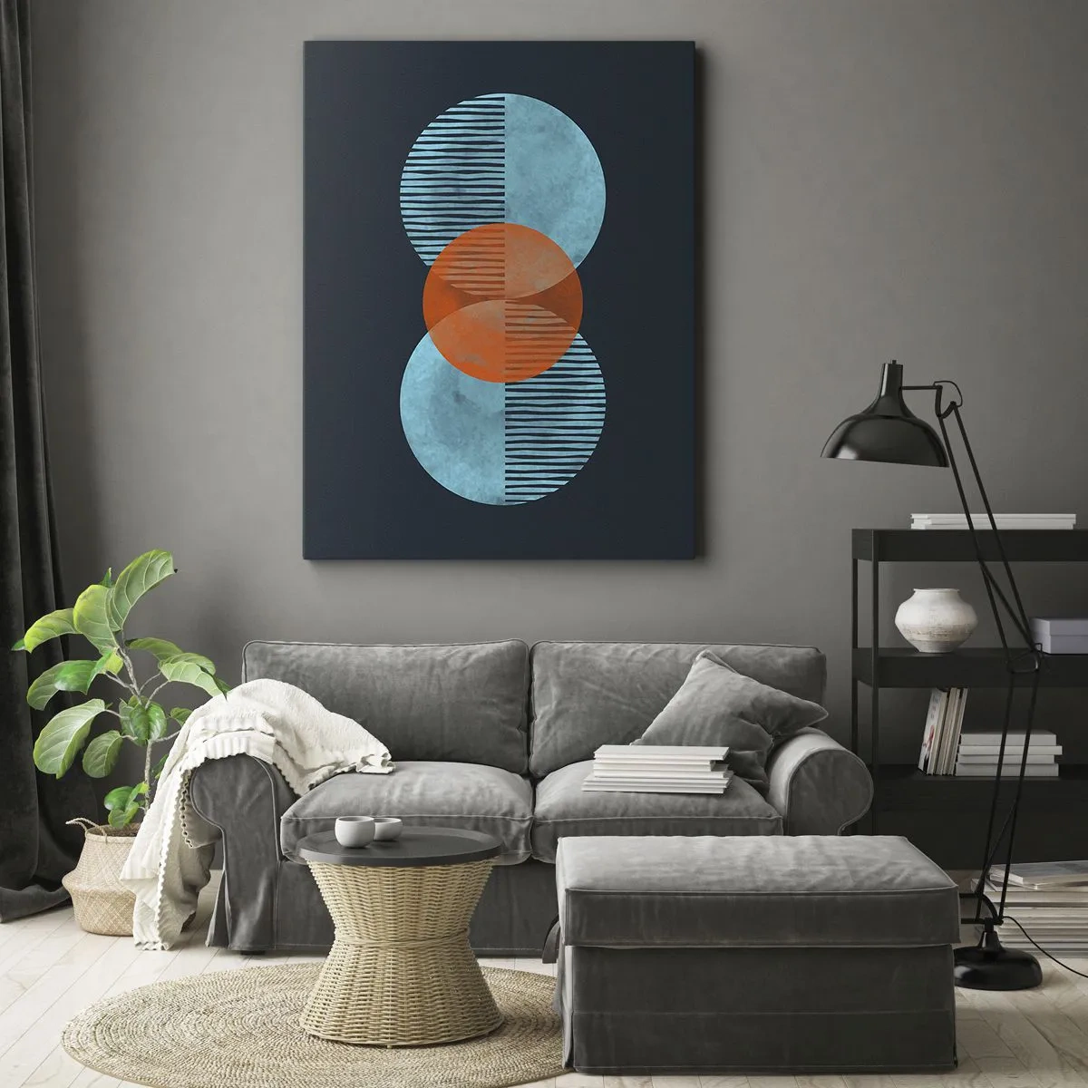 Cuadro sobre lienzo - Impresión de Imagen - Círculos geométricos en tonos azules y naranjas. - 50x70cm - Composición simétrica - Decoración de pared moderna para salón y dormitorio ARTTOR